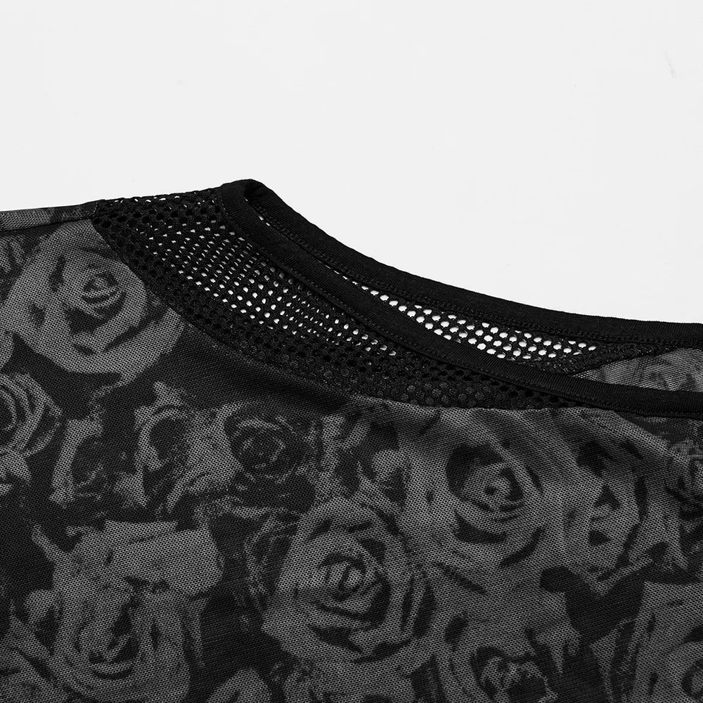 Edgy Women's Black Floral Bodysuit with Mesh Accents