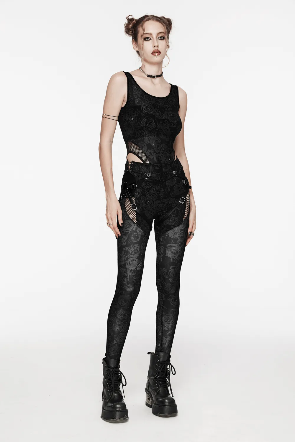 Edgy Women's Black Floral Bodysuit with Mesh Accents
