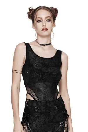Edgy Women's Black Floral Bodysuit with Mesh Accents