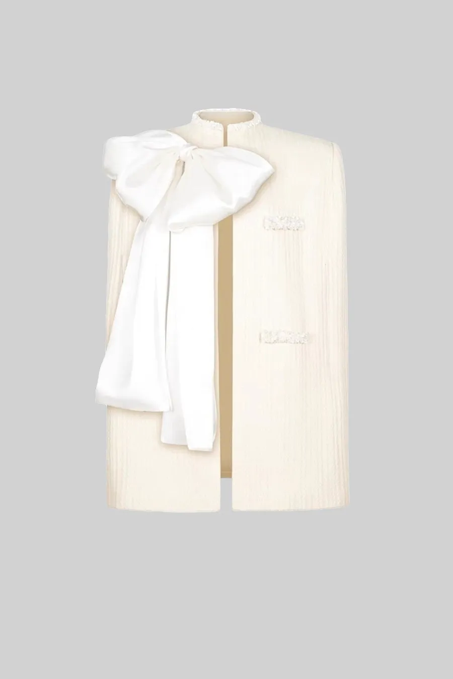 Elegant Textured Overcoat With White Bow Detail - Ivoire
