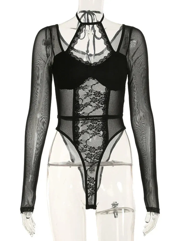 'Exit' Goth Grunge Black Lace Bodysuit