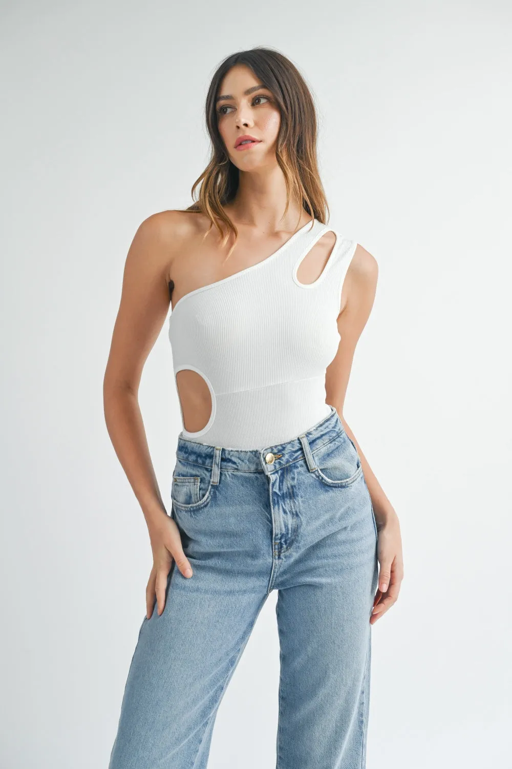 Explore More Collection - MABLE One Shoulder Ribbed Cutout Detail Bodysuit