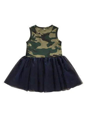 Fashion Little Girl Camo Mesh Patchwork Sleeveless Dress