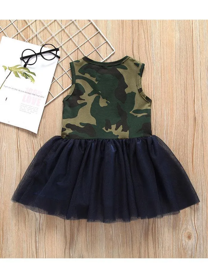 Fashion Little Girl Camo Mesh Patchwork Sleeveless Dress