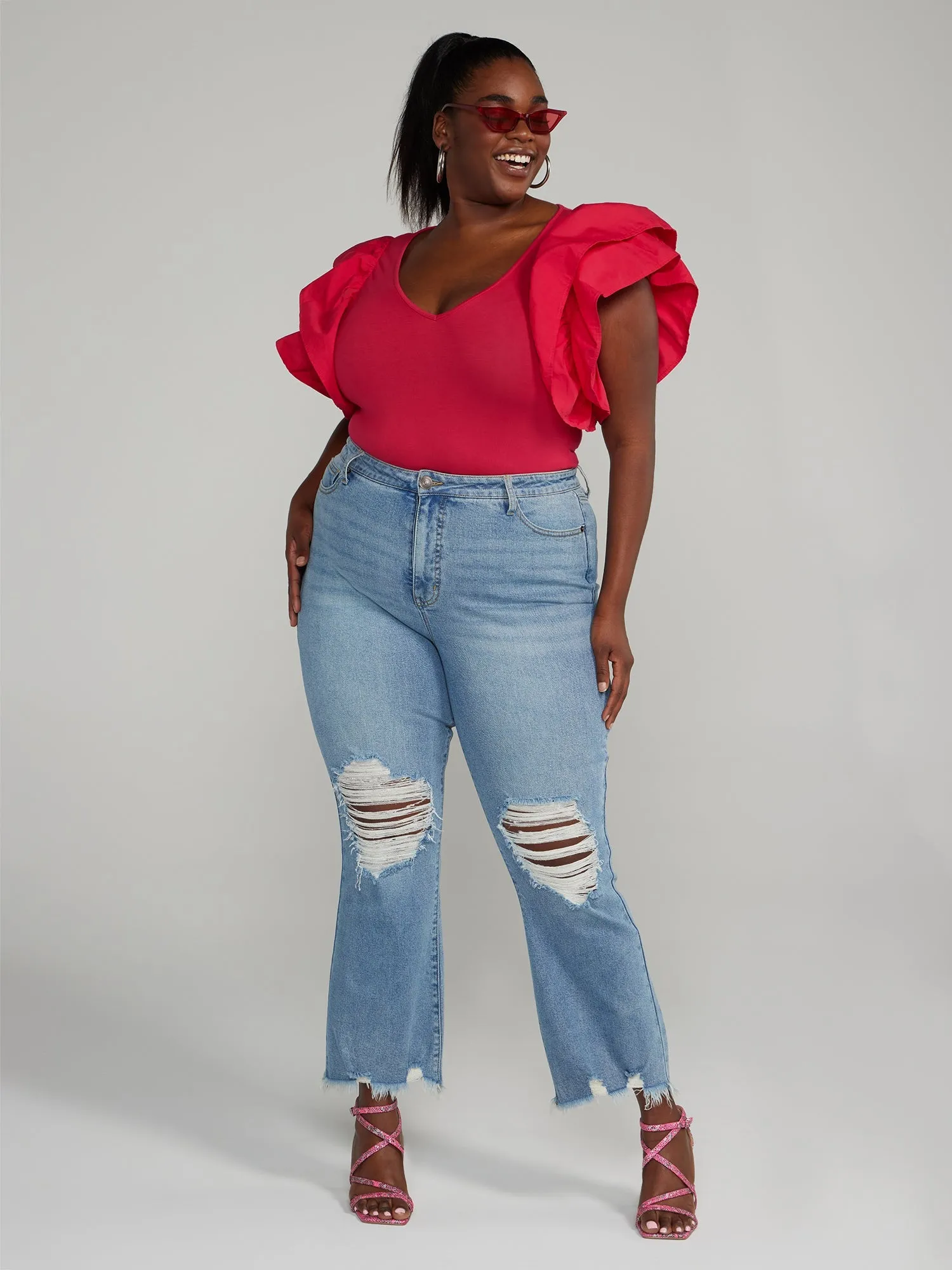 Fashion To Figure - High Rise Destructed Flare Jeans - Tall Inseam