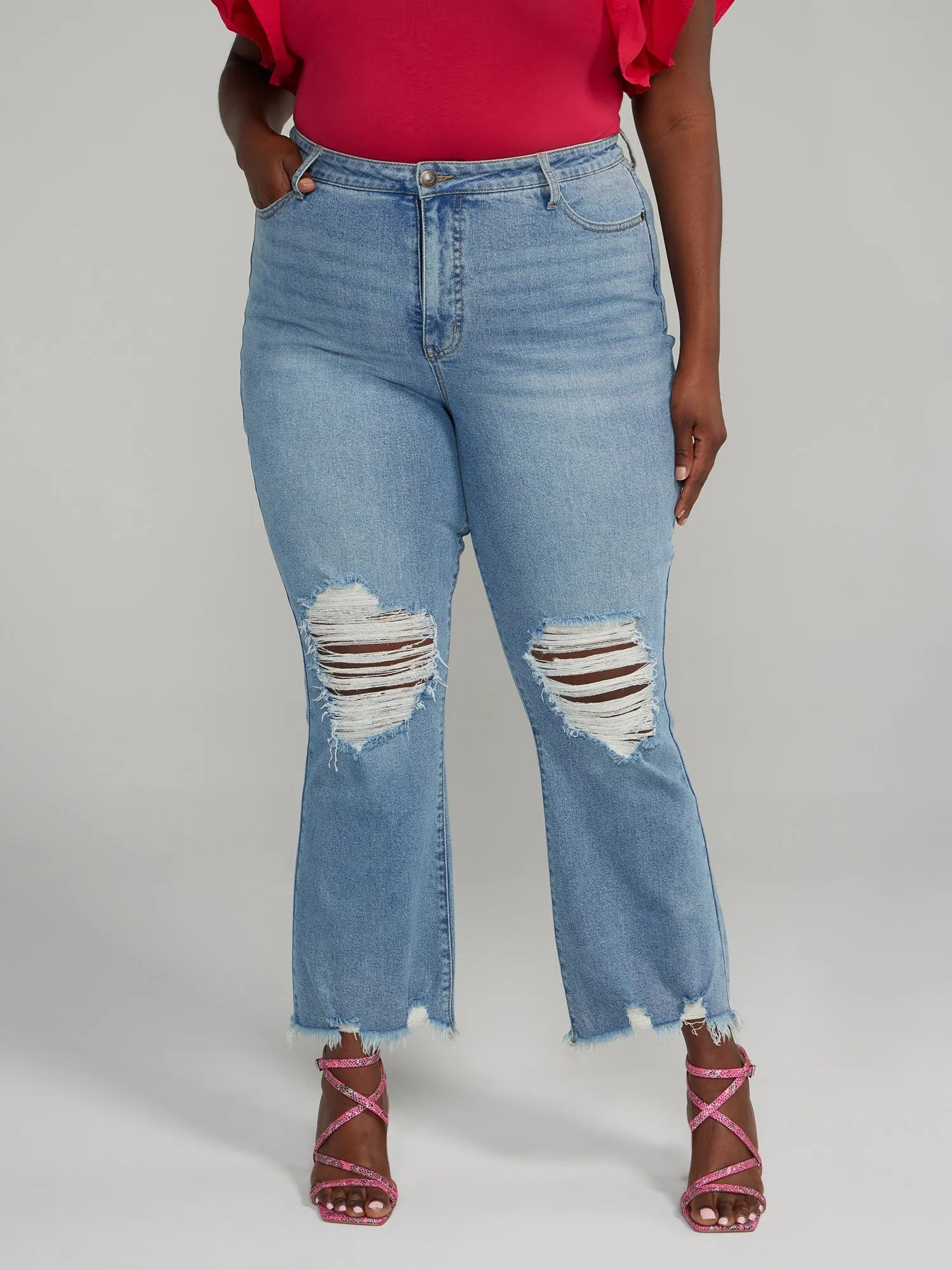Fashion To Figure - High Rise Destructed Flare Jeans - Tall Inseam
