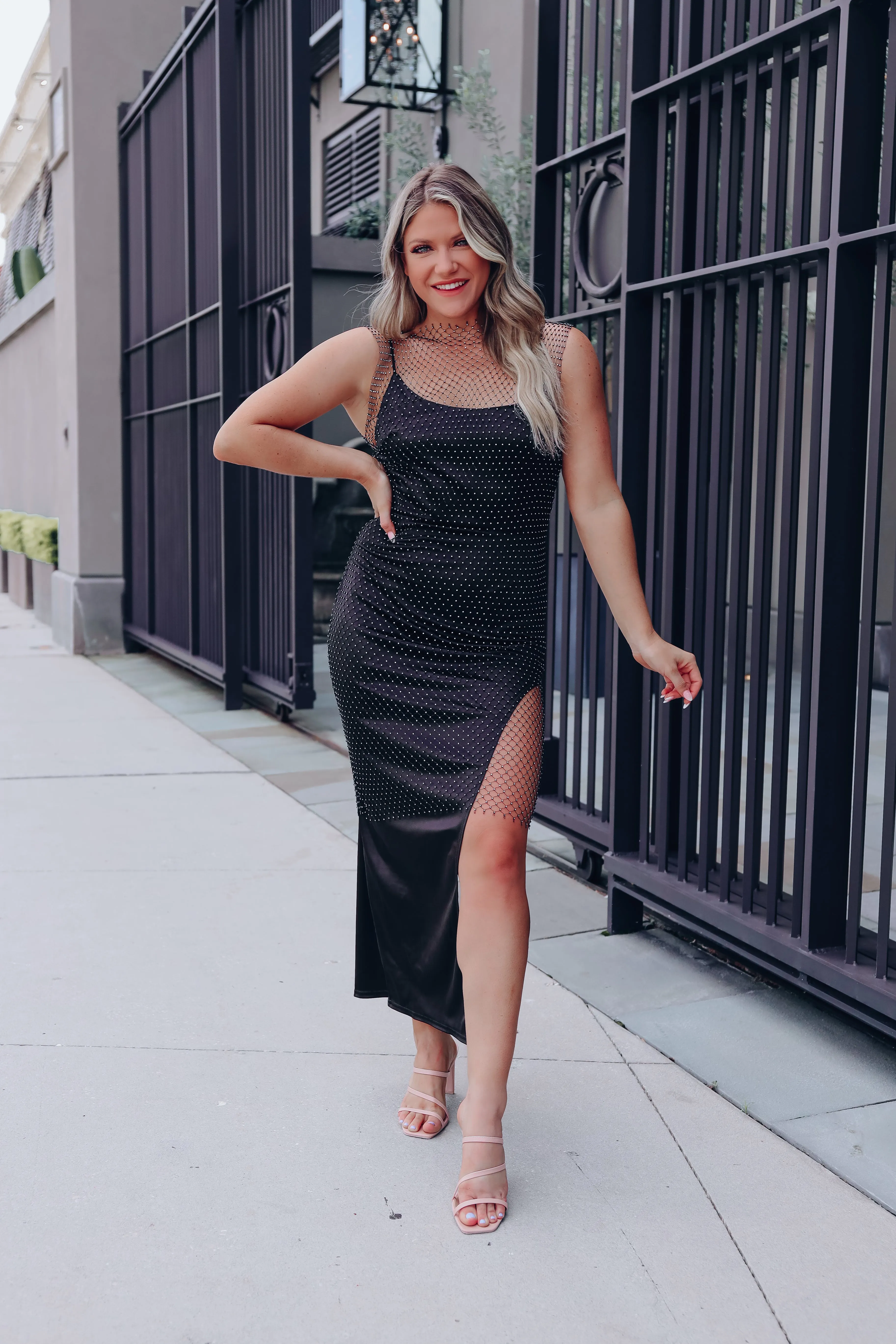 Festival Fun Rhinestone Mesh Dress - Black