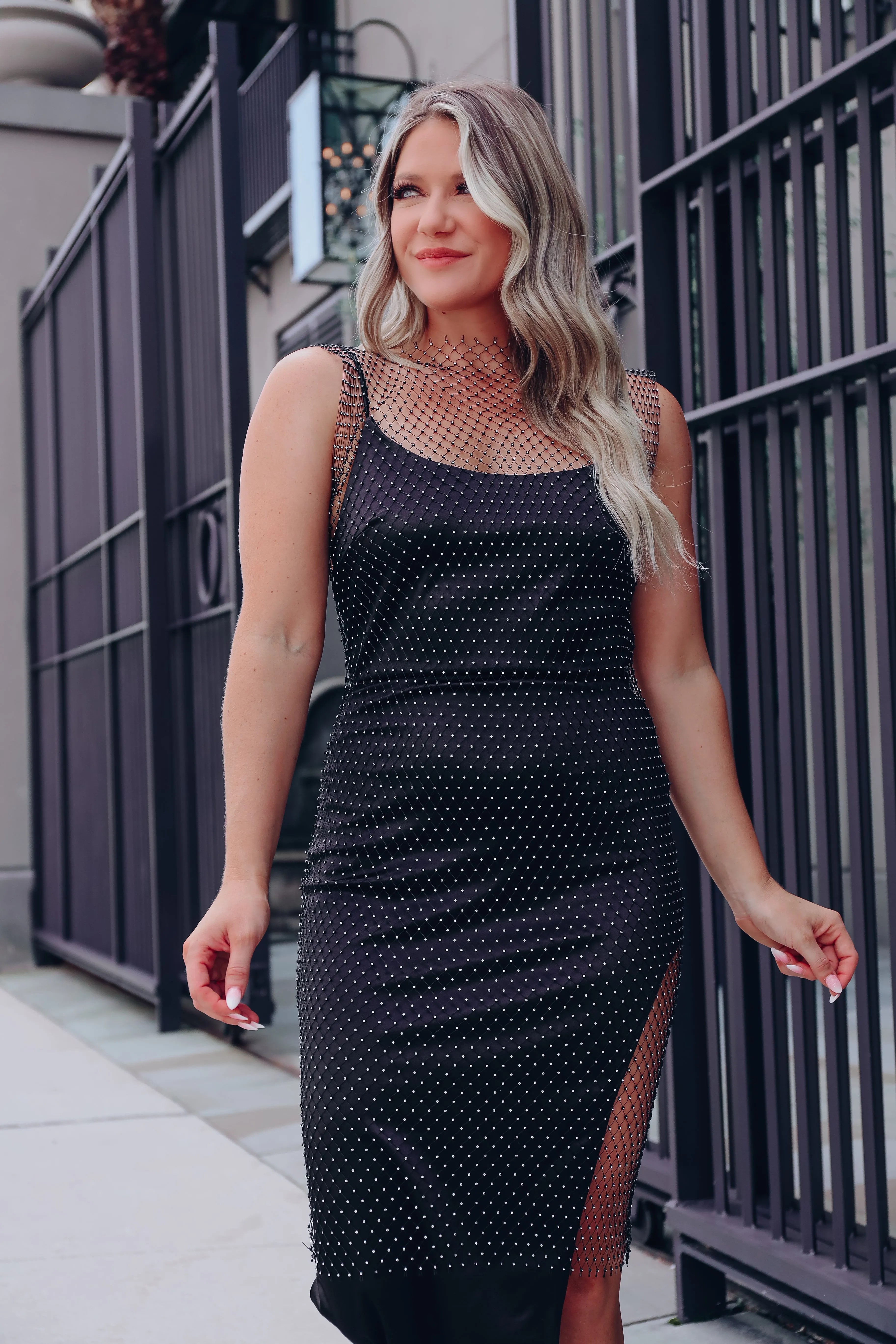 Festival Fun Rhinestone Mesh Dress - Black