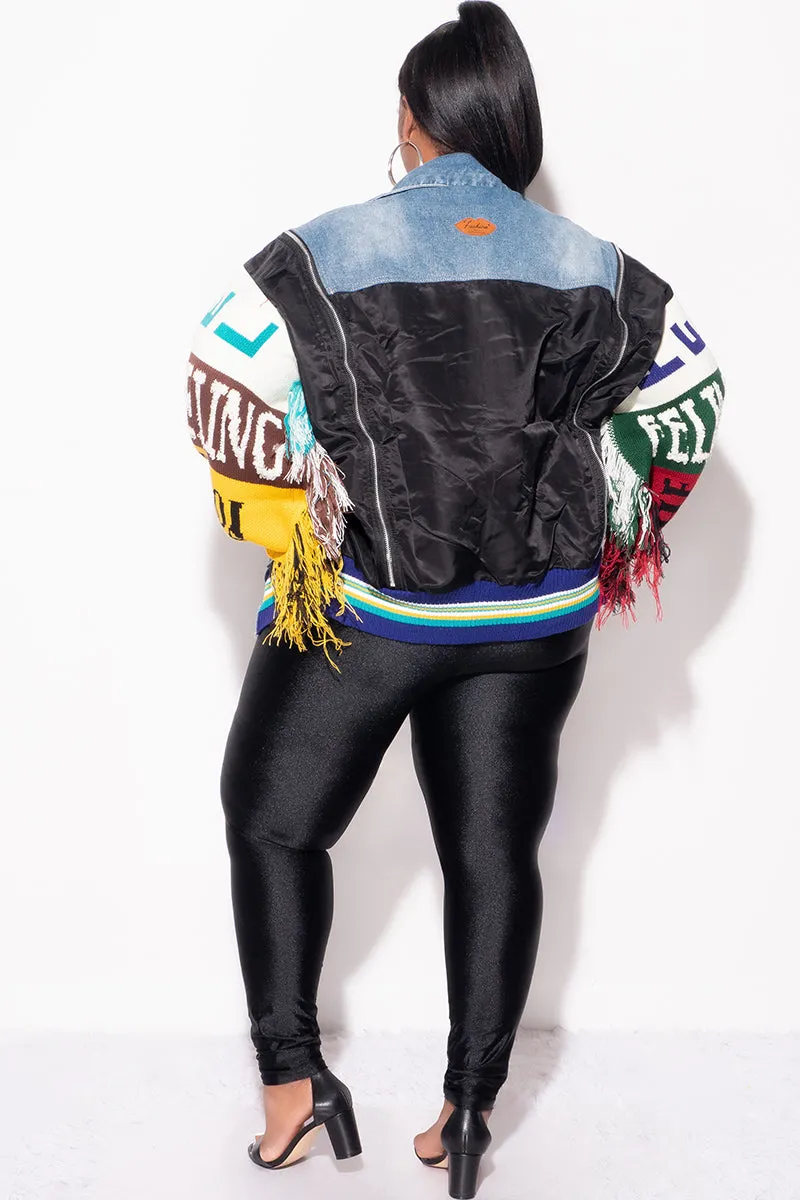 Final Sale Plus Size Oversized Fringe Embroidered Patchwork Sweater Sleeve Jacket in Blue Washed Denim