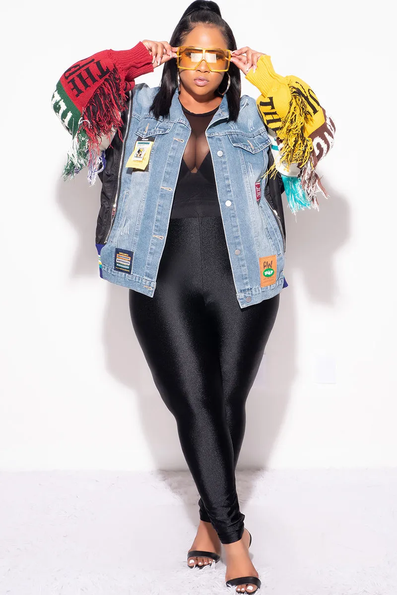 Final Sale Plus Size Oversized Fringe Embroidered Patchwork Sweater Sleeve Jacket in Blue Washed Denim