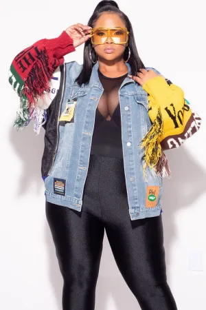 Final Sale Plus Size Oversized Fringe Embroidered Patchwork Sweater Sleeve Jacket in Blue Washed Denim