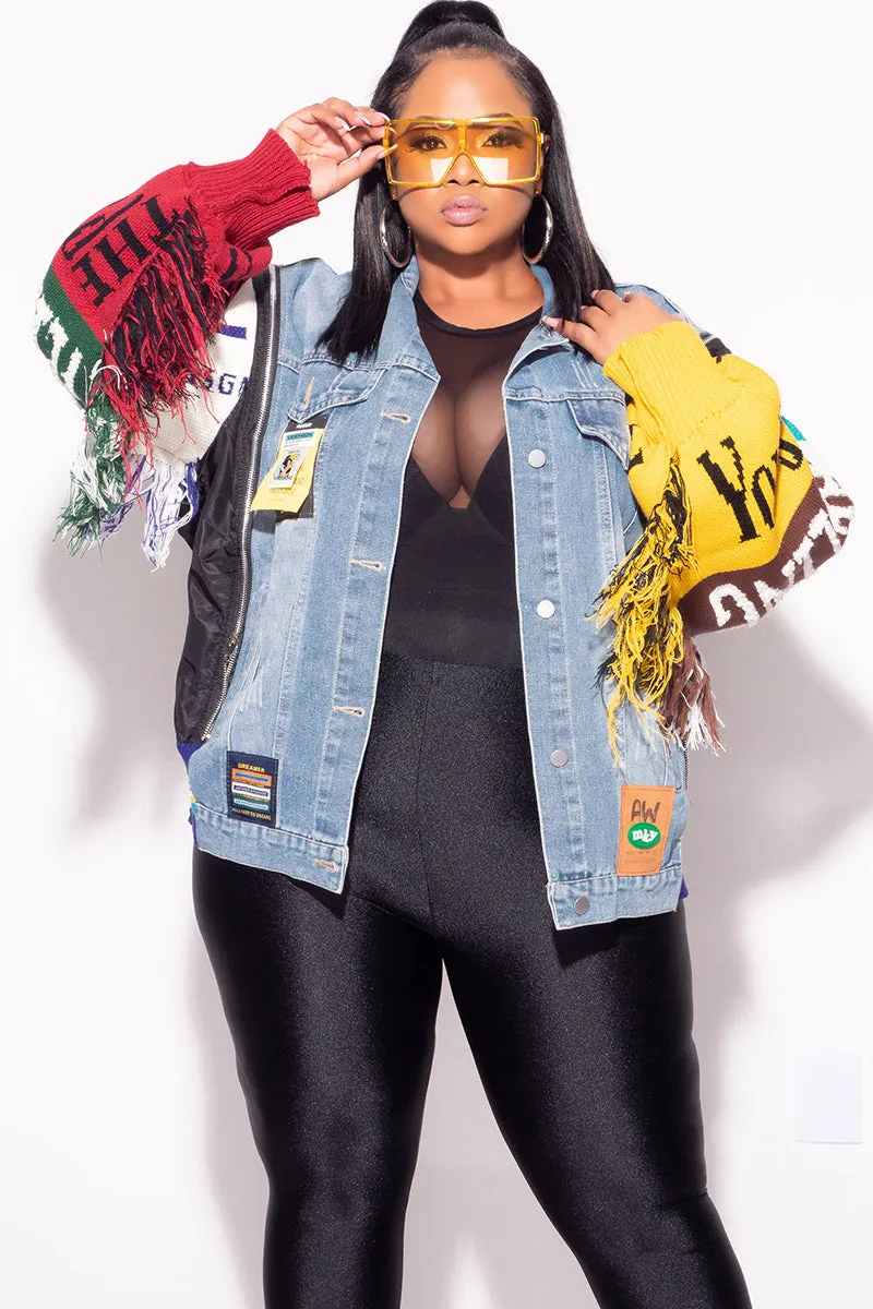 Final Sale Plus Size Oversized Fringe Embroidered Patchwork Sweater Sleeve Jacket in Blue Washed Denim
