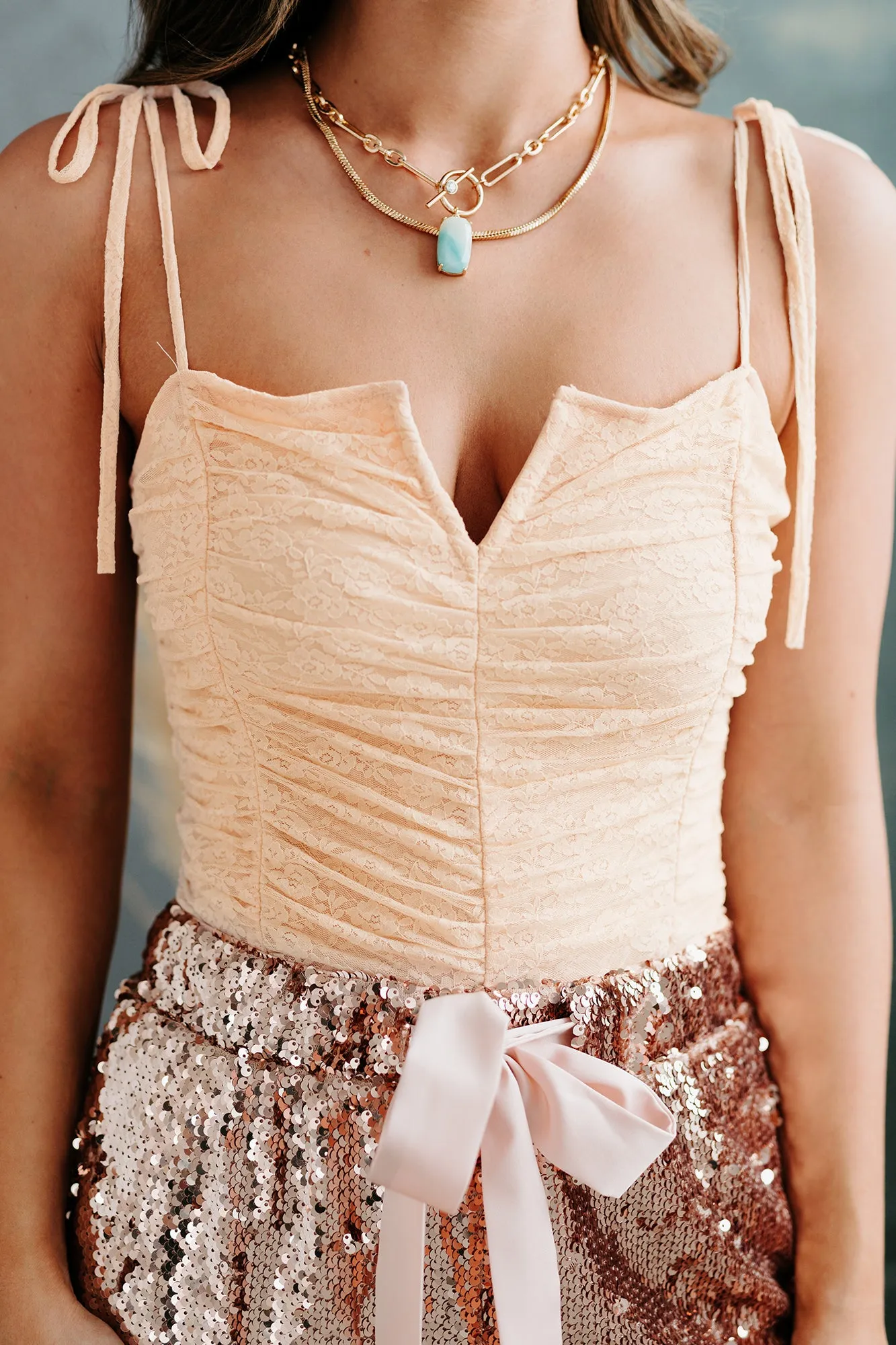 Flirtatiously Fun Ruched Lace Bodysuit (Cream)