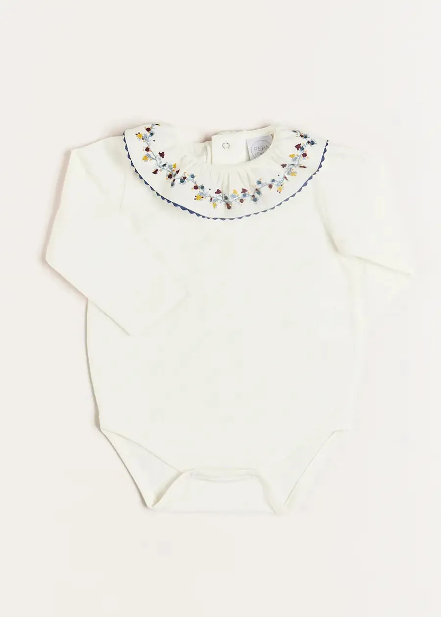 Floral Embroidered Collar Long Sleeve Bodysuit in Blue (1mth-3yrs)