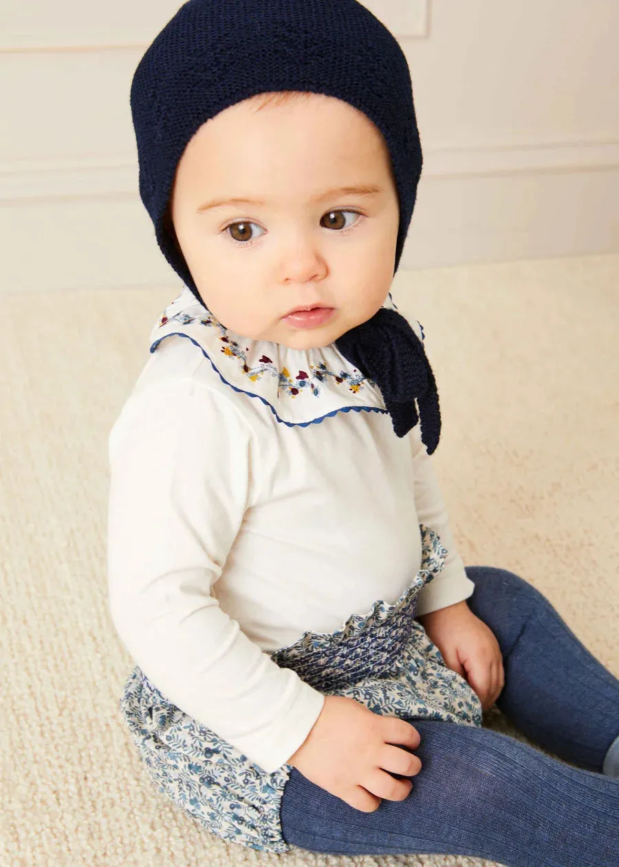 Floral Embroidered Collar Long Sleeve Bodysuit in Blue (1mth-3yrs)