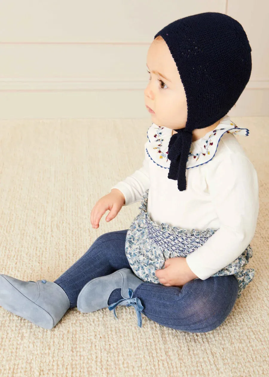 Floral Embroidered Collar Long Sleeve Bodysuit in Blue (1mth-3yrs)