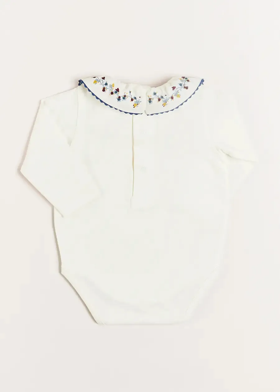 Floral Embroidered Collar Long Sleeve Bodysuit in Blue (1mth-3yrs)
