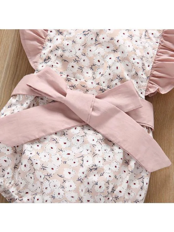 Floral Flutter Sleeve Big Bow Baby Jumpsuit