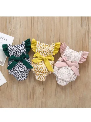 Floral Flutter Sleeve Big Bow Baby Jumpsuit