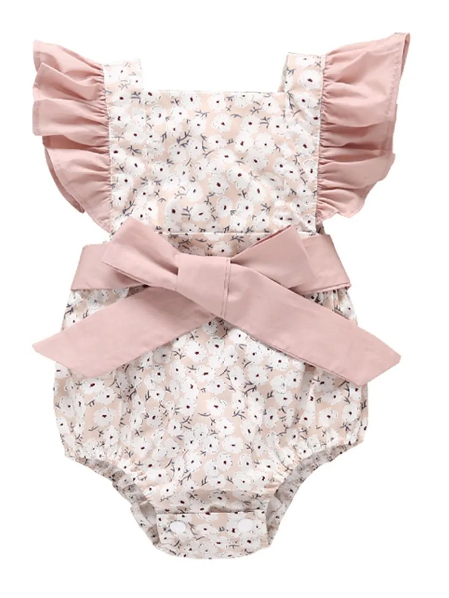 Floral Flutter Sleeve Big Bow Baby Jumpsuit