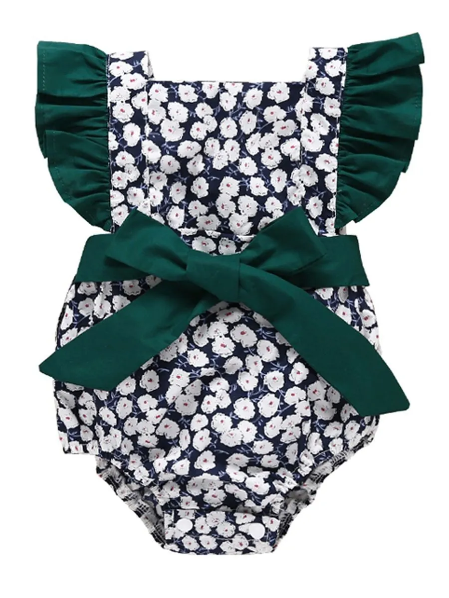 Floral Flutter Sleeve Big Bow Baby Jumpsuit