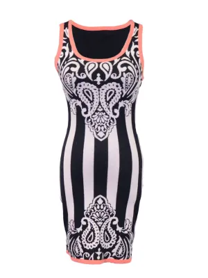 Flying Tomato Black And White Paisley And Striped Body Con Fitted Sweater Dress