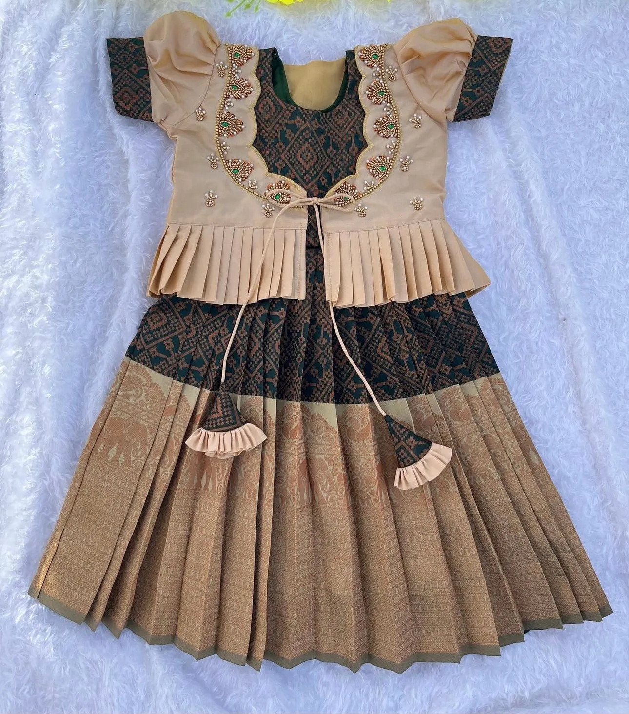 Forest Elegance: Dark Green and Beige Frock with Overcoat