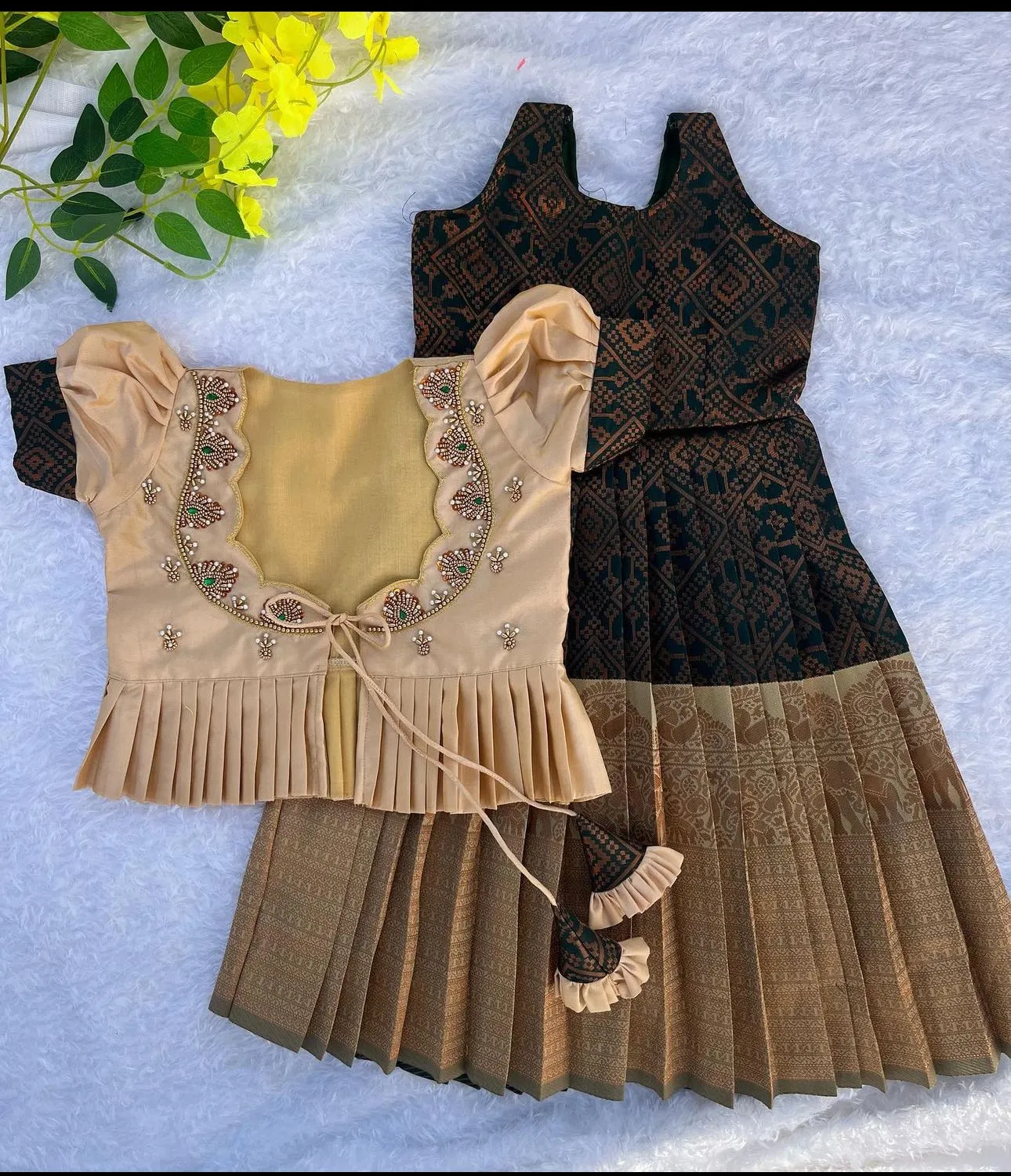Forest Elegance: Dark Green and Beige Frock with Overcoat