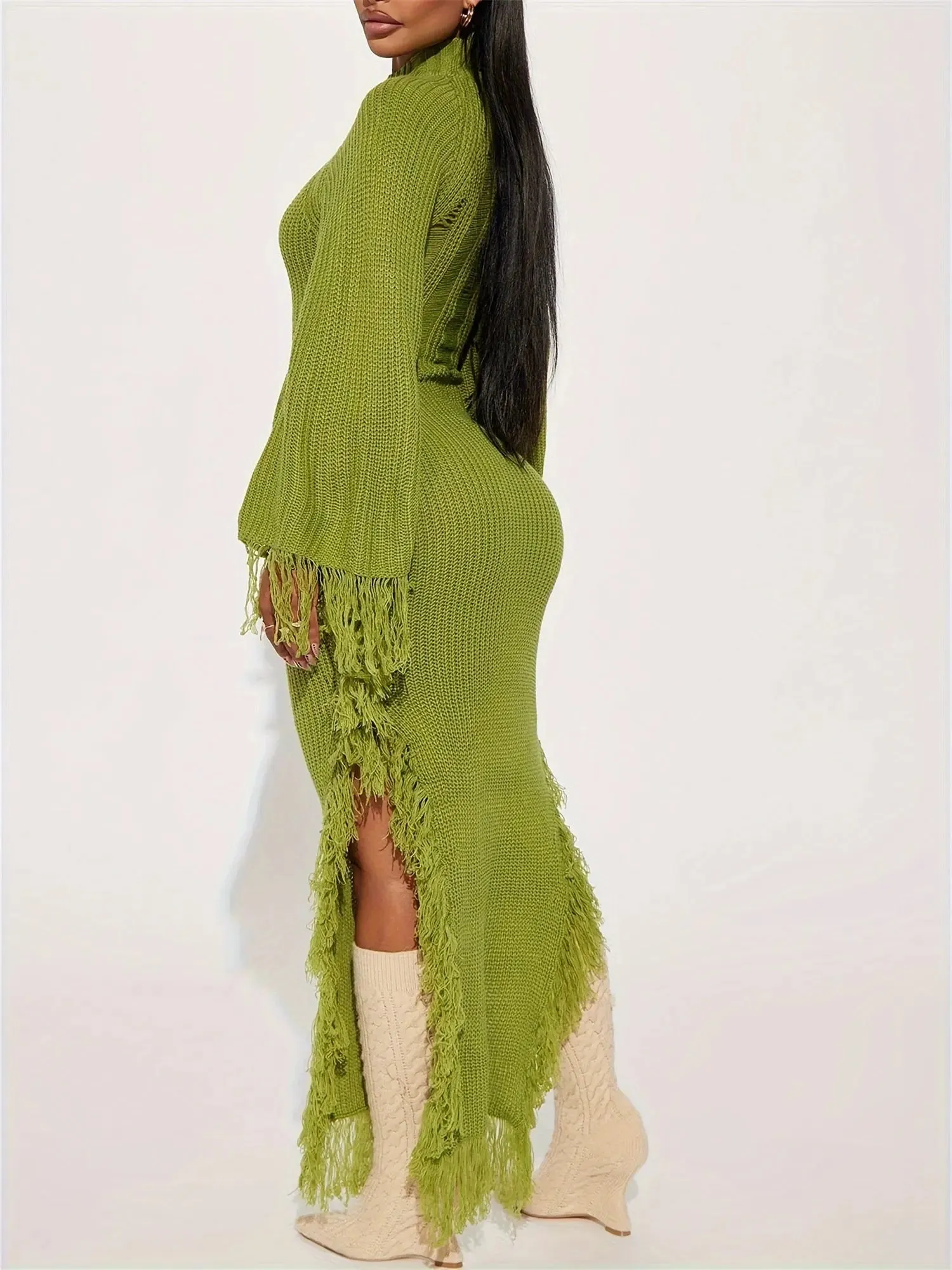 Fringe Trim Batwing Sleeve Sweater Maxi Dress
