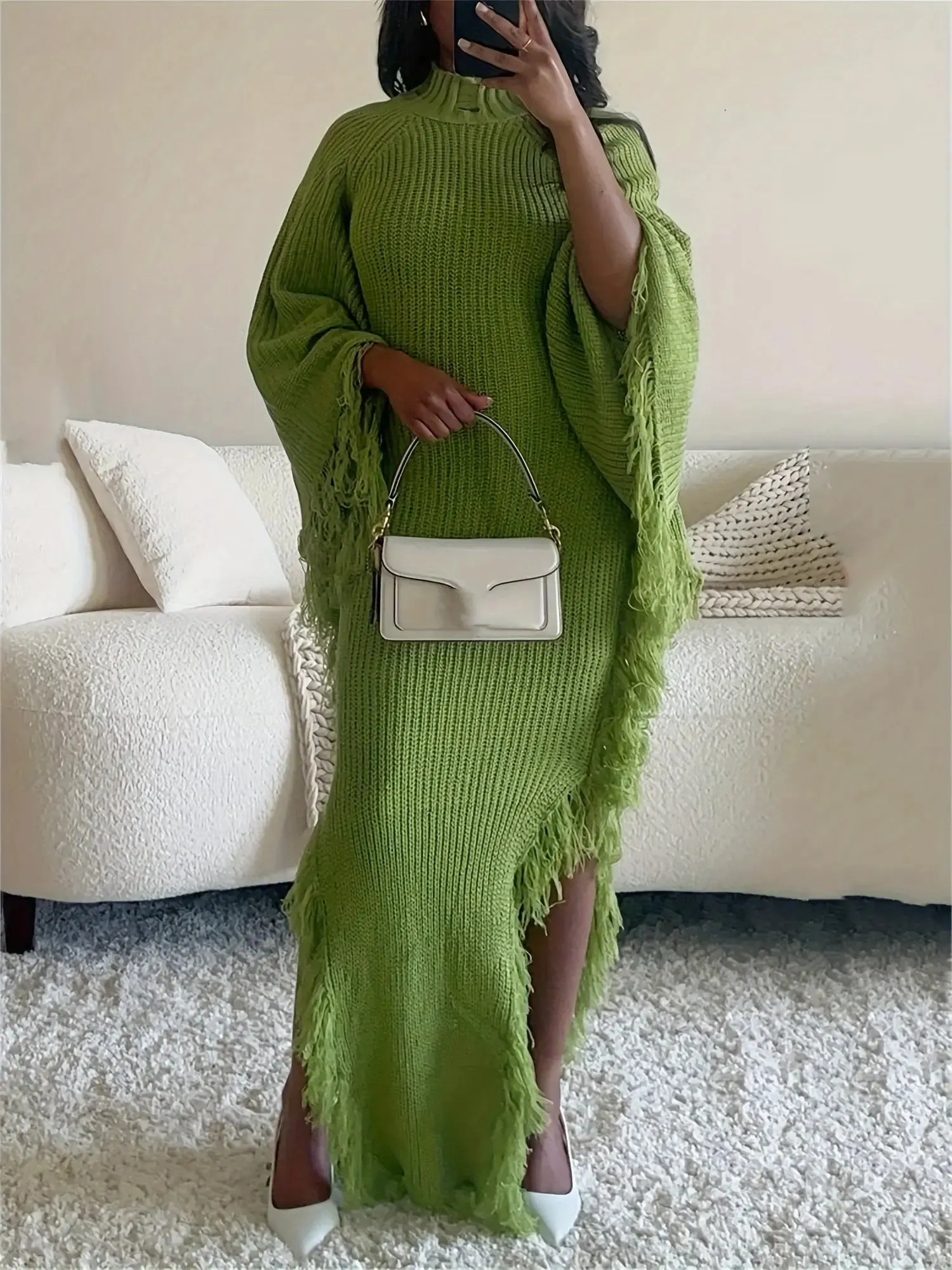 Fringe Trim Batwing Sleeve Sweater Maxi Dress