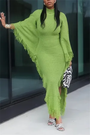 Fringe Trim Batwing Sleeve Sweater Maxi Dress