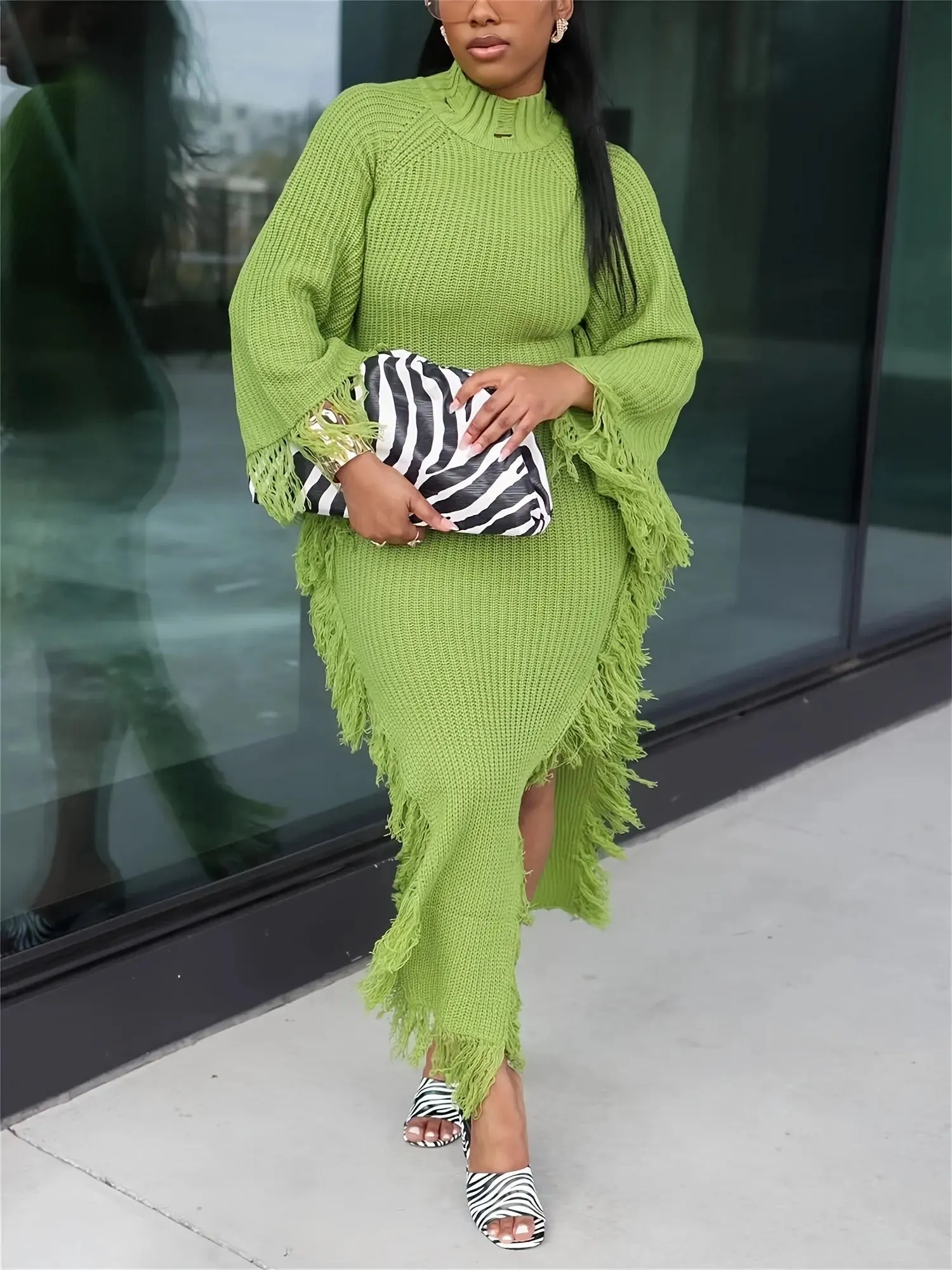 Fringe Trim Batwing Sleeve Sweater Maxi Dress
