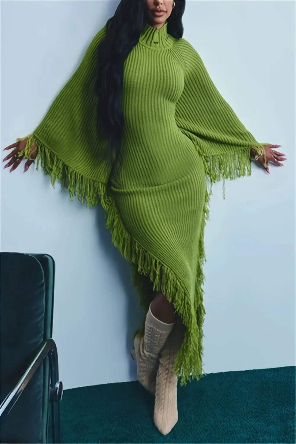 Fringe Trim Batwing Sleeve Sweater Maxi Dress