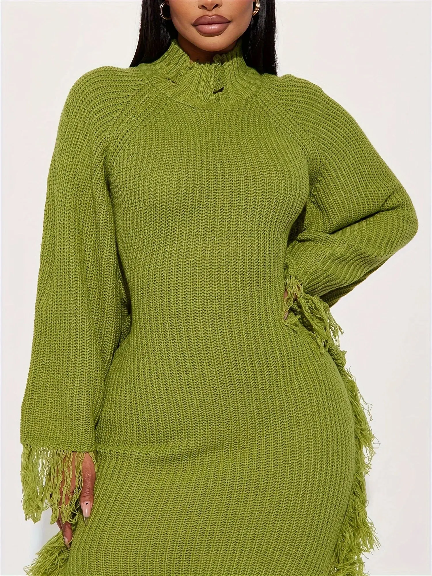 Fringe Trim Batwing Sleeve Sweater Maxi Dress
