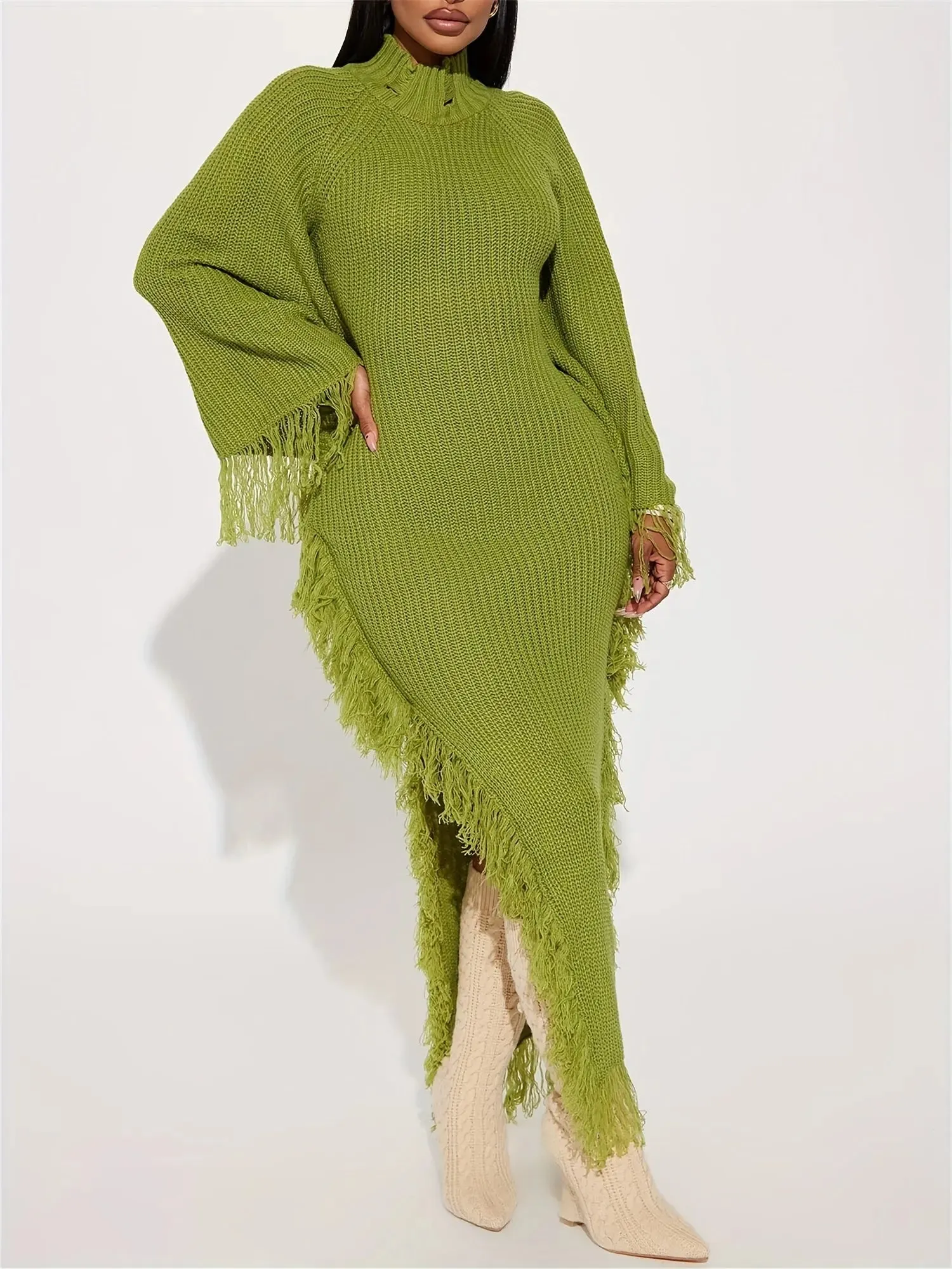 Fringe Trim Batwing Sleeve Sweater Maxi Dress