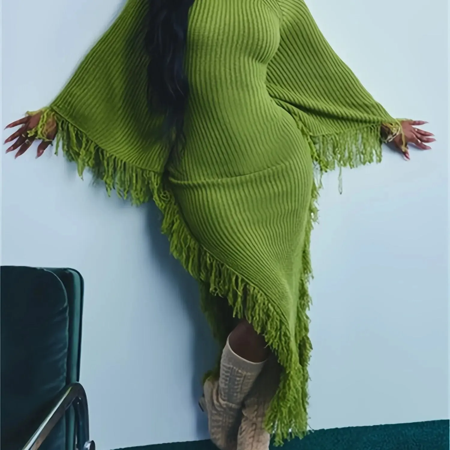 Fringe Trim Batwing Sleeve Sweater Maxi Dress