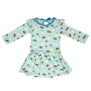 Frosted Blue Milk & Cookies Long Sleeve Twirling Bodysuit Dress (3-24m)