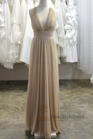Full Length V-neckline Champagne Evening Dress