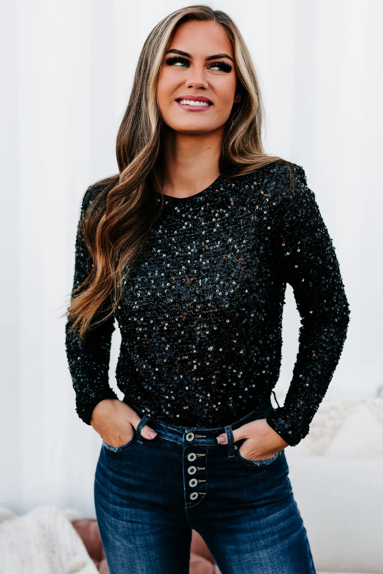 Future Goals Sequin Long Sleeve Bodysuit (Black)
