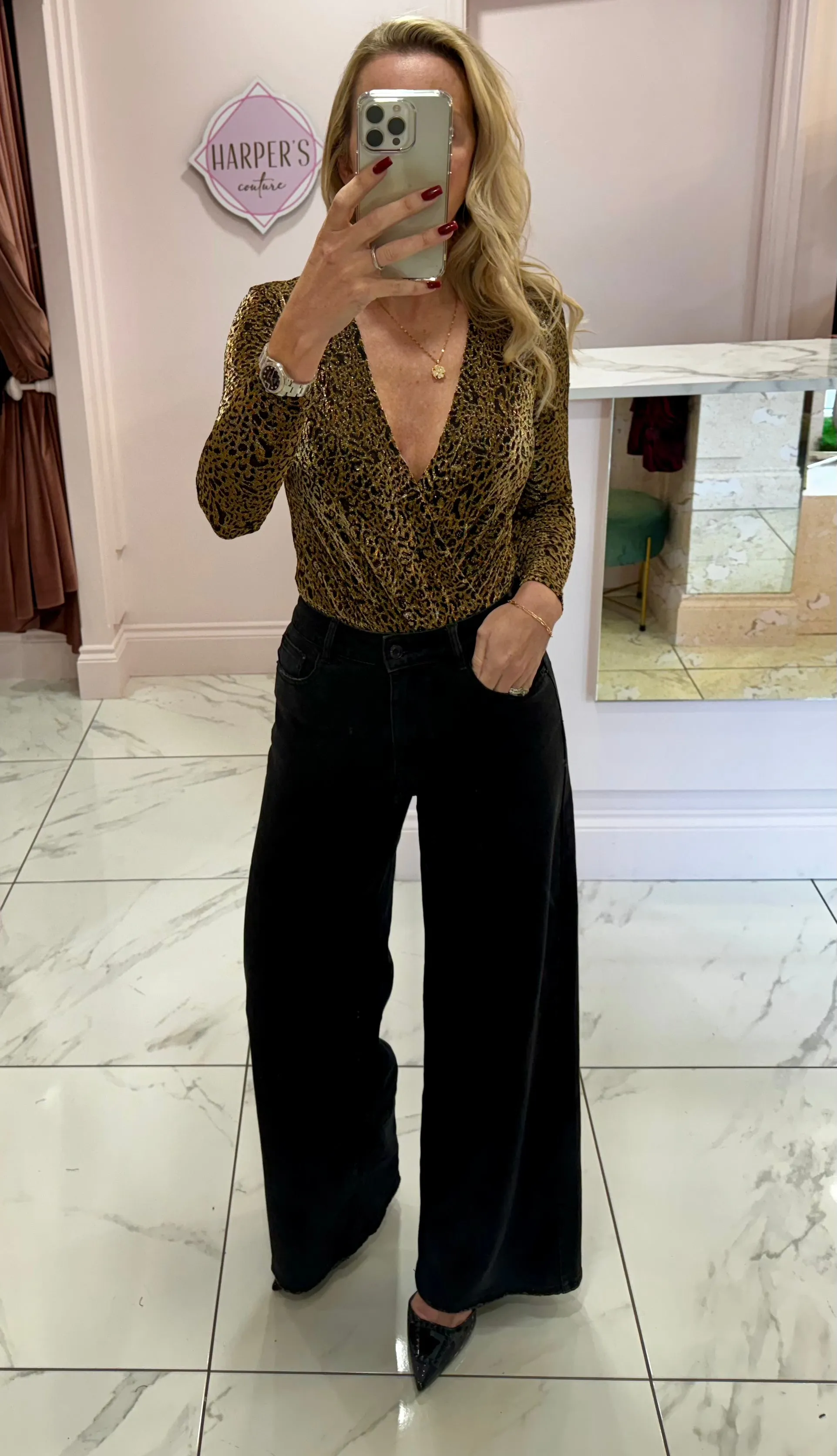Gloria Gold Animal Print Long Sleeve Bodysuit