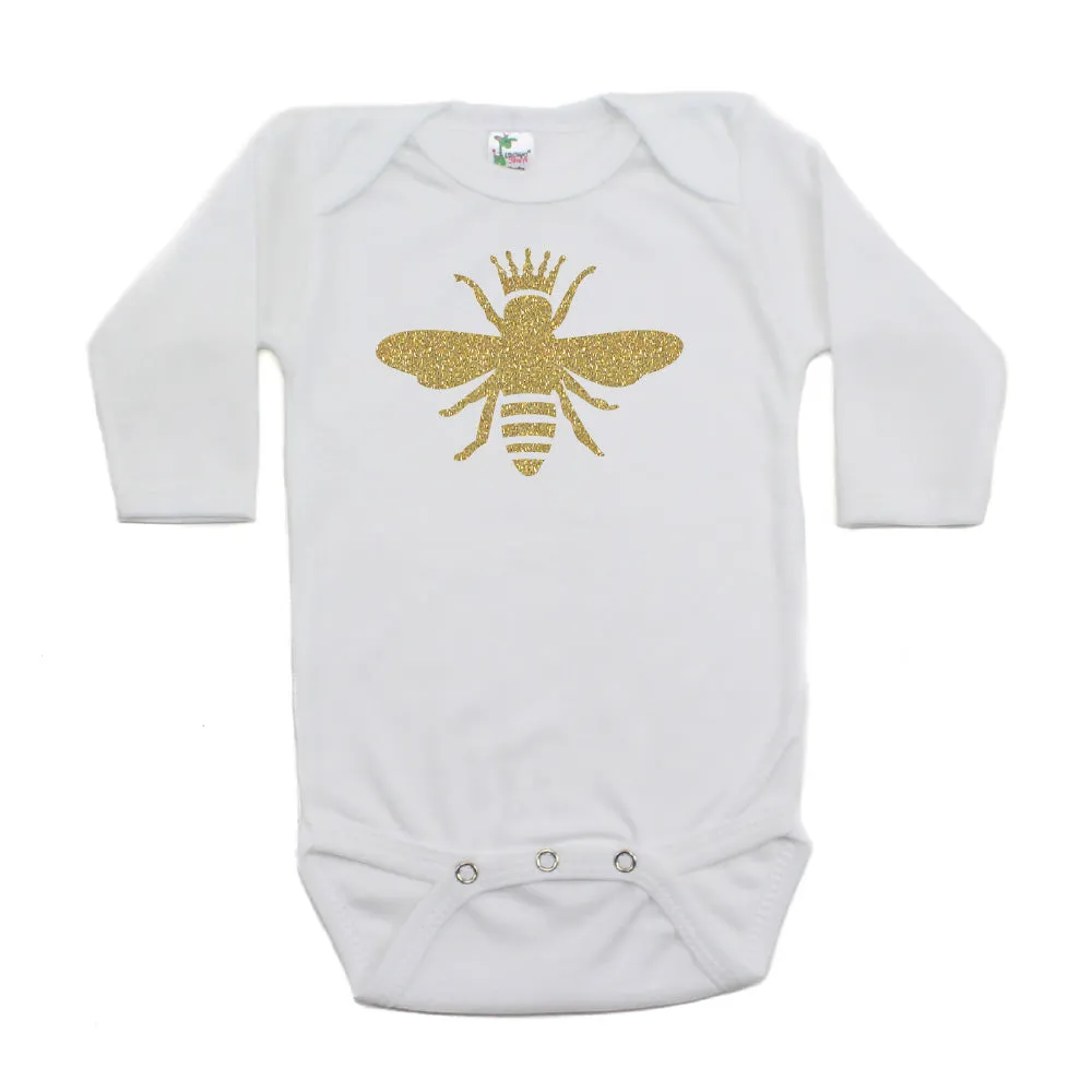 Gold Glitter Queen Bee with Crown Long Sleeve Baby Infant Bodysuit