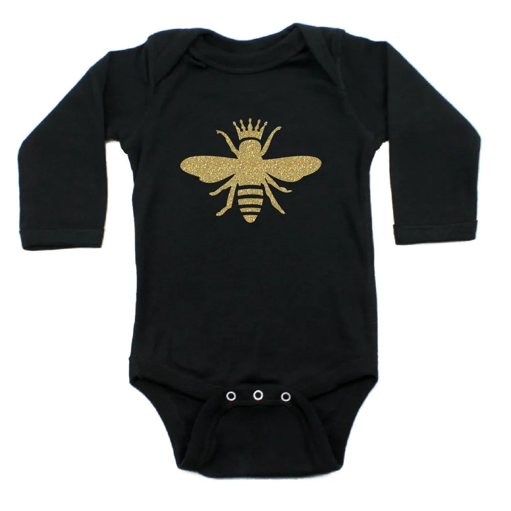 Gold Glitter Queen Bee with Crown Long Sleeve Baby Infant Bodysuit
