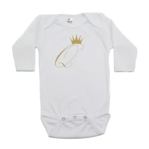 Gold Glitter Queen Q with Crown Long Sleeve Baby Infant Bodysuit