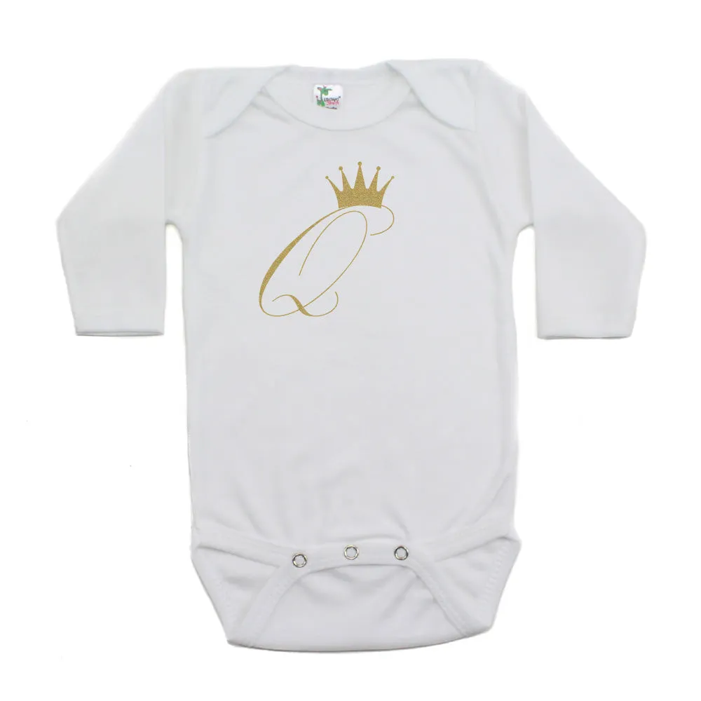 Gold Glitter Queen Q with Crown Long Sleeve Baby Infant Bodysuit