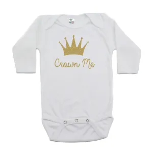 Gold Glitter Sparkly Crown Me Long Sleeve Baby Infant Bodysuit