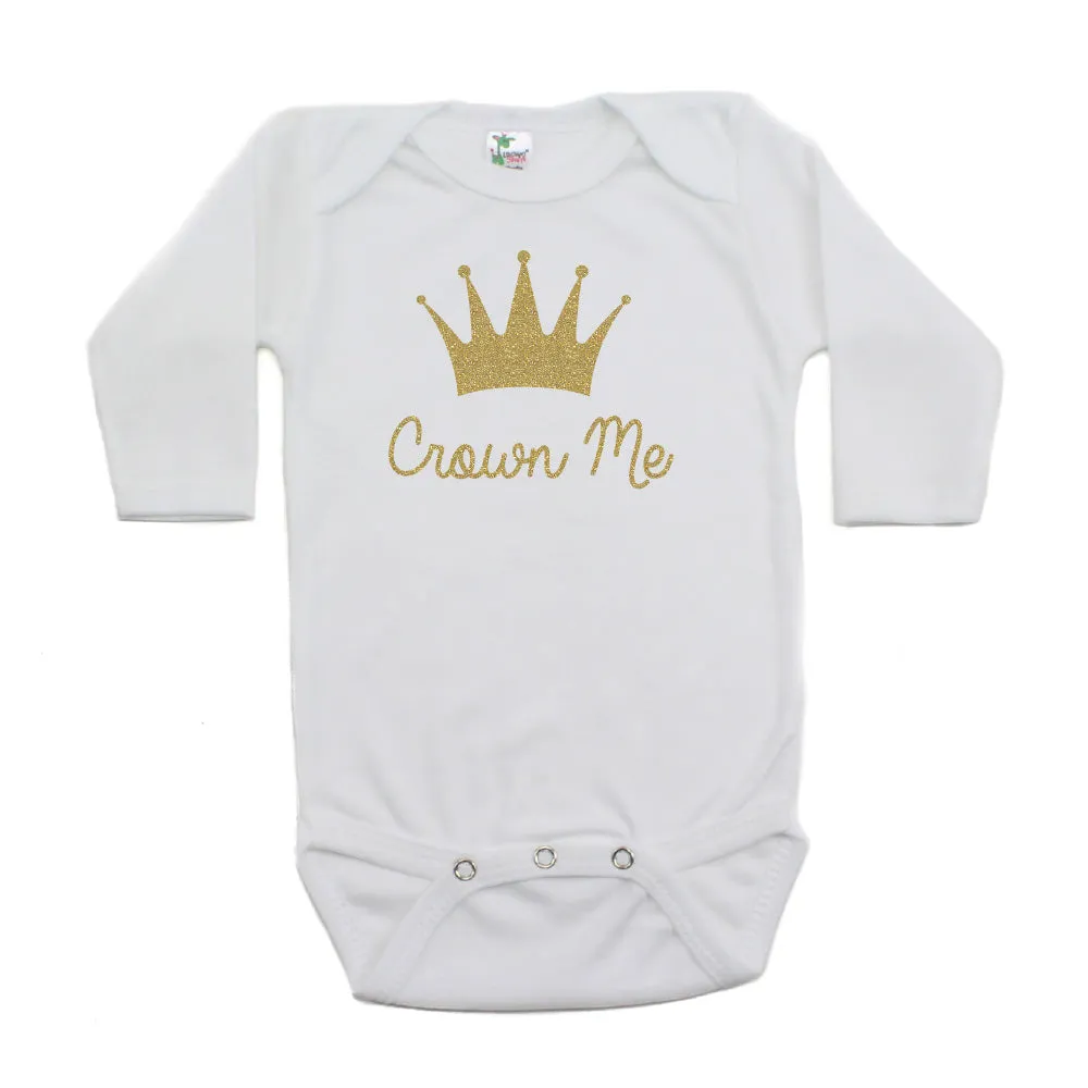 Gold Glitter Sparkly Crown Me Long Sleeve Baby Infant Bodysuit