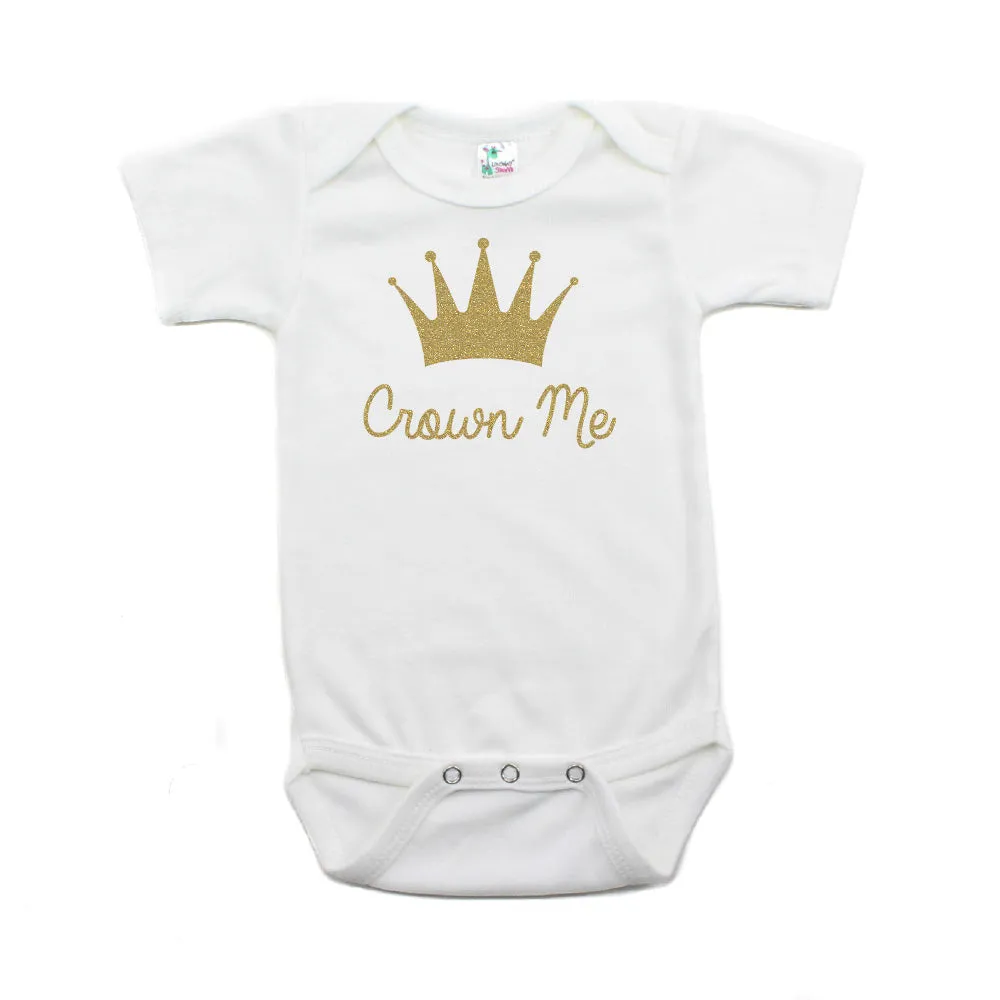 Gold Glitter Sparkly Crown Me Short Sleeve Baby Infant Bodysuit