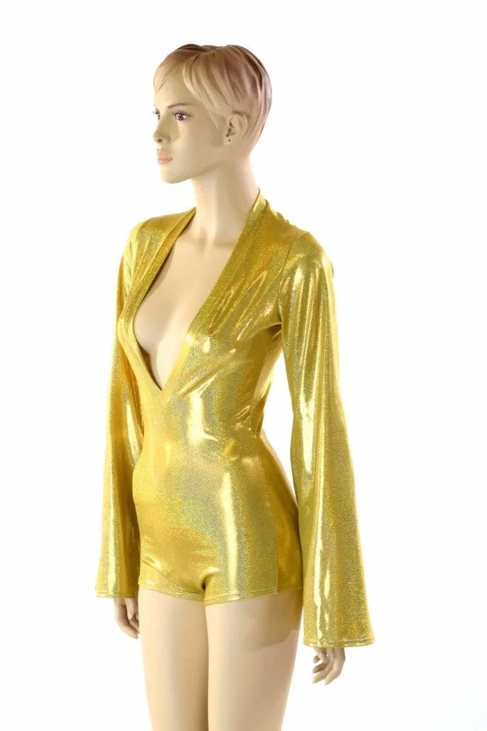 Gold Plunging V Bell Sleeve Romper with Boy Cut Leg