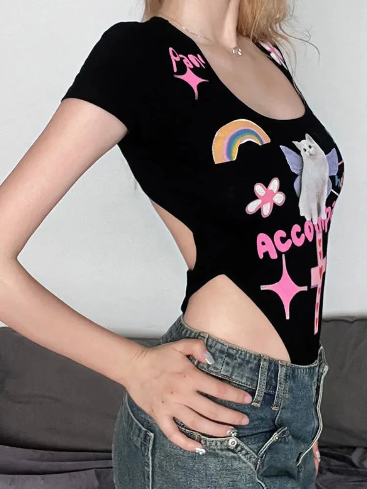 Graffiti Cat Print Short Sleeve Square Neck Hollow-up Black Bodysuit