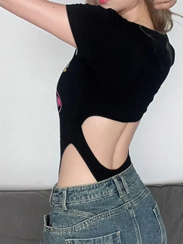 Graffiti Cat Print Short Sleeve Square Neck Hollow-up Black Bodysuit